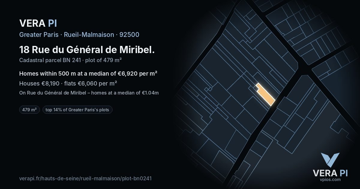18 Rue du Général de Miribel, Rueil-Malmaison at night – the plot lit, the parcels around coloured by the prices near them