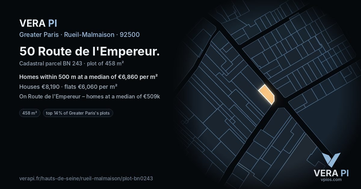 50 Route de l'Empereur, Rueil-Malmaison at night – the plot lit, the parcels around coloured by the prices near them