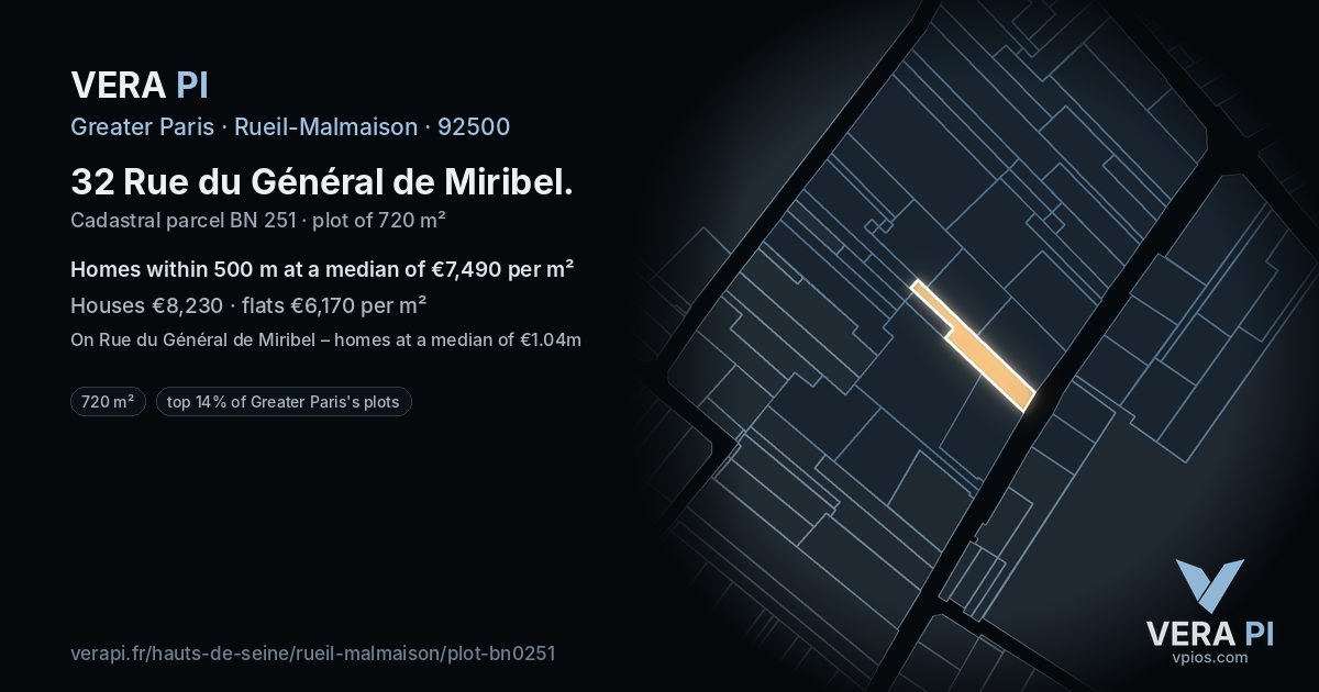 32 Rue du Général de Miribel, Rueil-Malmaison at night – the plot lit, the parcels around coloured by the prices near them