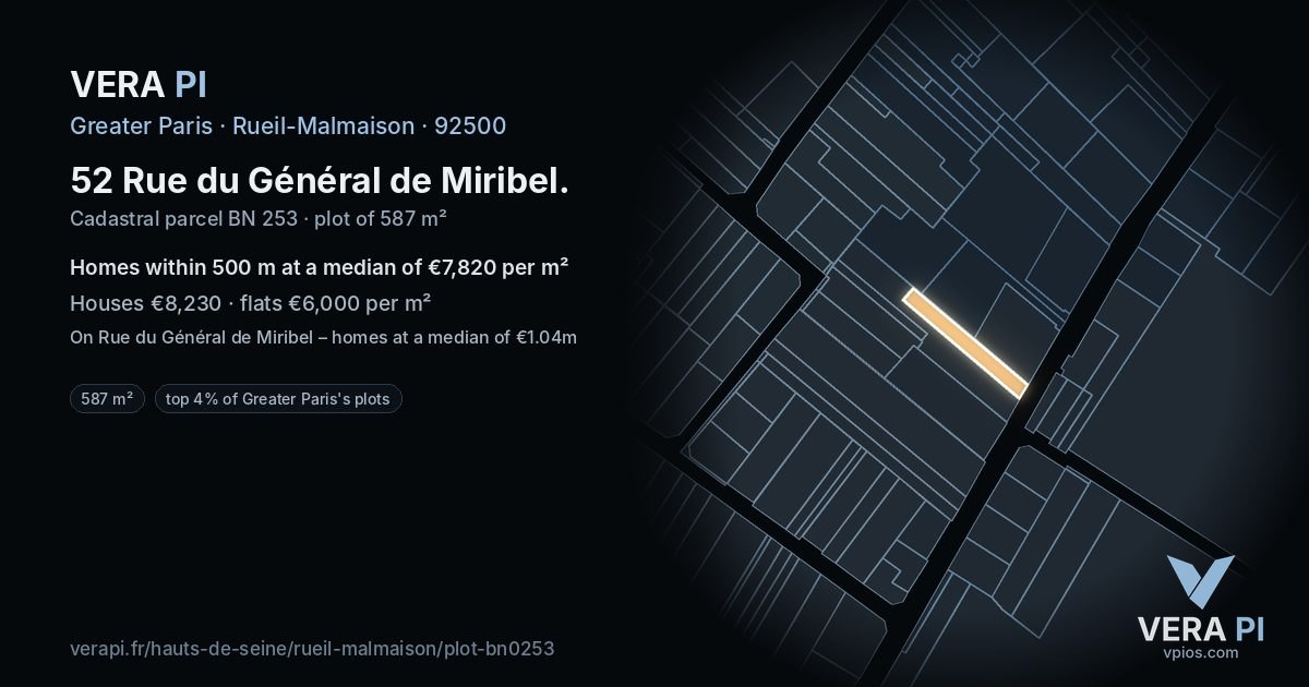 52 Rue du Général de Miribel, Rueil-Malmaison at night – the plot lit, the parcels around coloured by the prices near them