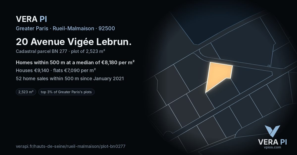 20 Avenue Vigée Lebrun, Rueil-Malmaison at night – the plot lit, the parcels around coloured by the prices near them