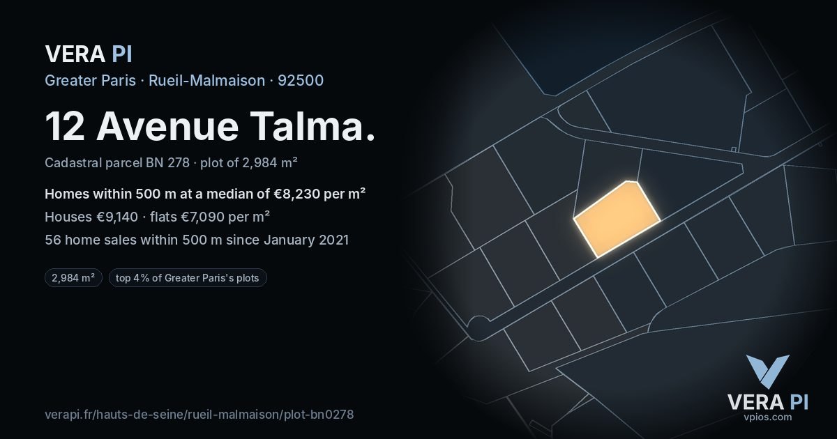 12 Avenue Talma, Rueil-Malmaison at night – the plot lit, the parcels around coloured by the prices near them