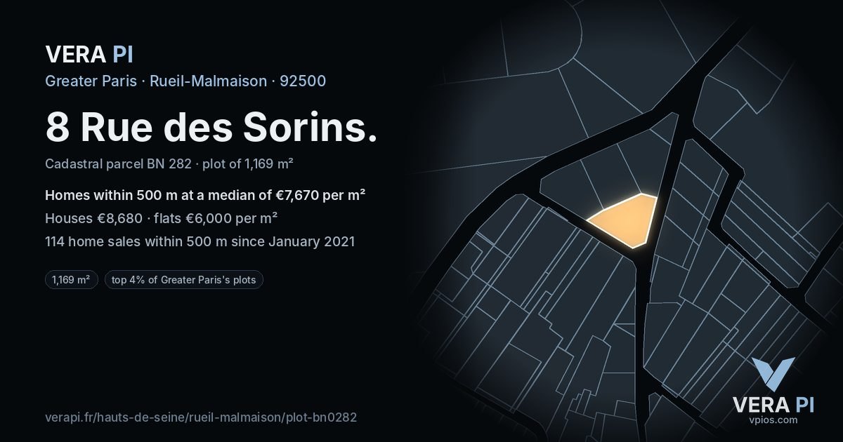 8 Rue des Sorins, Rueil-Malmaison at night – the plot lit, the parcels around coloured by the prices near them