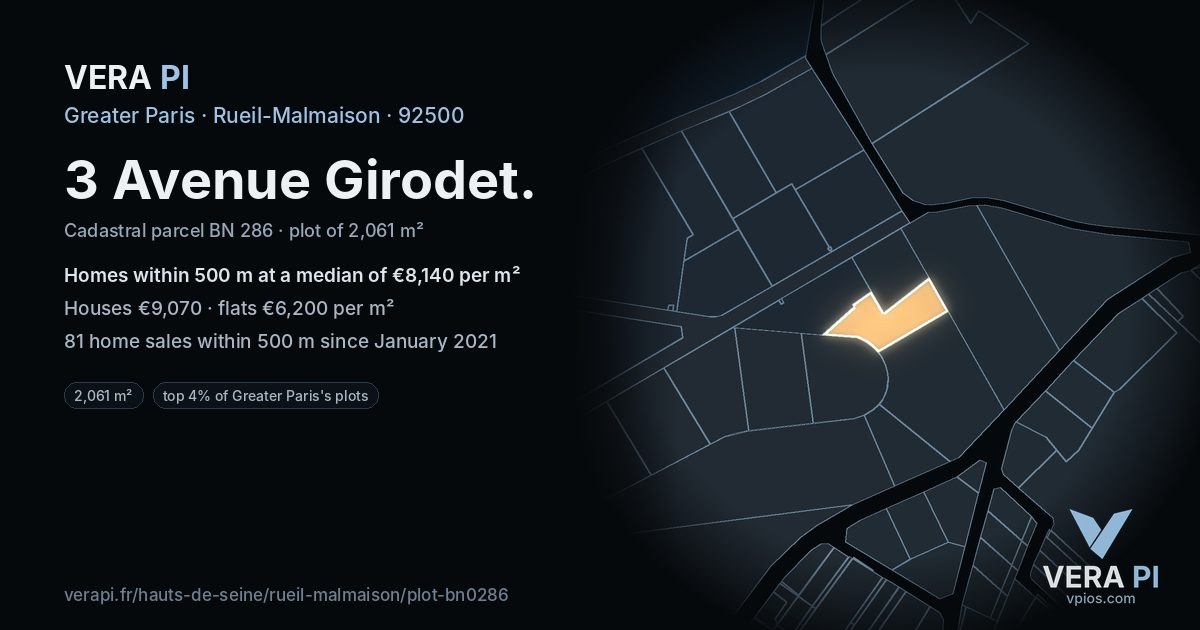 3 Avenue Girodet, Rueil-Malmaison at night – the plot lit, the parcels around coloured by the prices near them