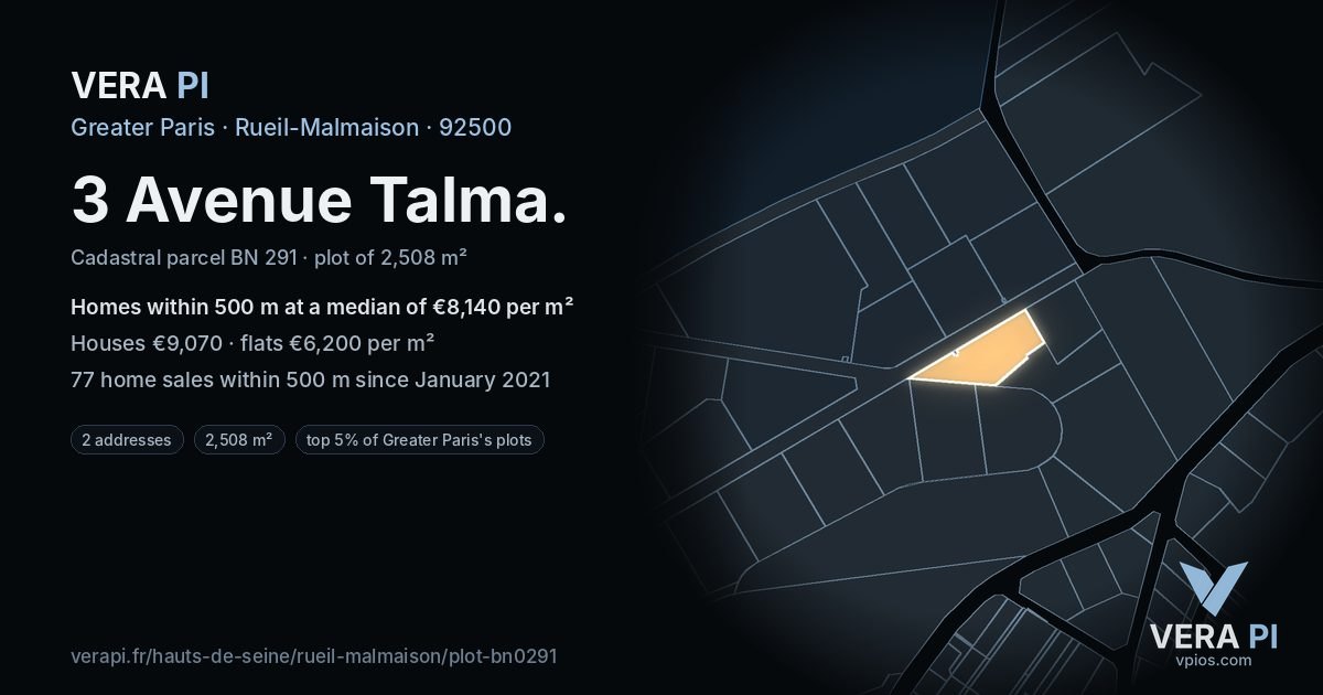 3 Avenue Talma, Rueil-Malmaison at night – the plot lit, the parcels around coloured by the prices near them