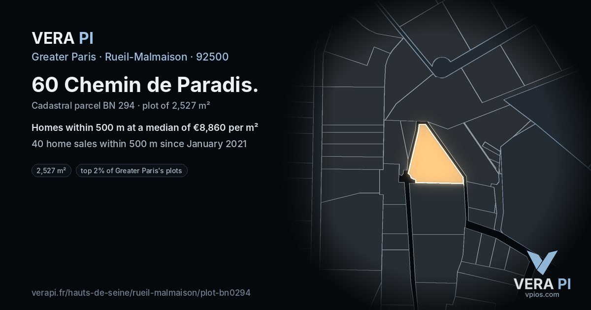 60 Chemin de Paradis, Rueil-Malmaison at night – the plot lit, the parcels around coloured by the prices near them