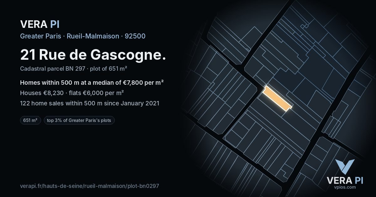 21 Rue de Gascogne, Rueil-Malmaison at night – the plot lit, the parcels around coloured by the prices near them