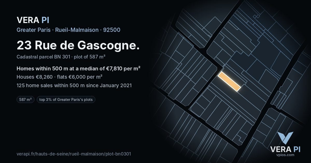 23 Rue de Gascogne, Rueil-Malmaison at night – the plot lit, the parcels around coloured by the prices near them
