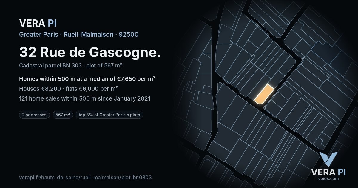 32 Rue de Gascogne, Rueil-Malmaison at night – the plot lit, the parcels around coloured by the prices near them