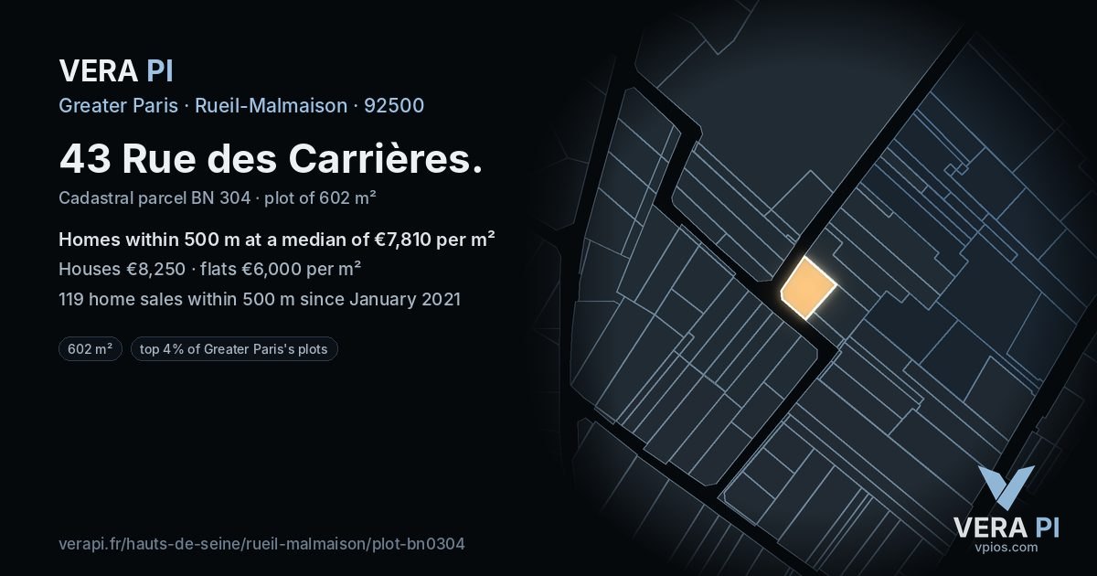 43 Rue des Carrières, Rueil-Malmaison at night – the plot lit, the parcels around coloured by the prices near them