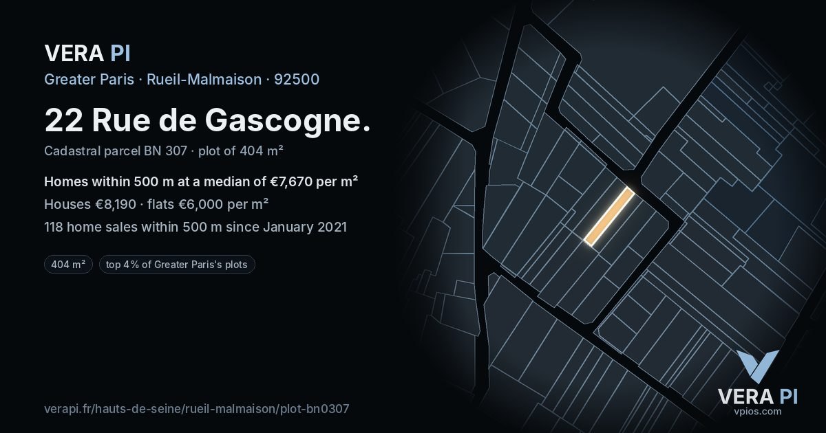 22 Rue de Gascogne, Rueil-Malmaison at night – the plot lit, the parcels around coloured by the prices near them