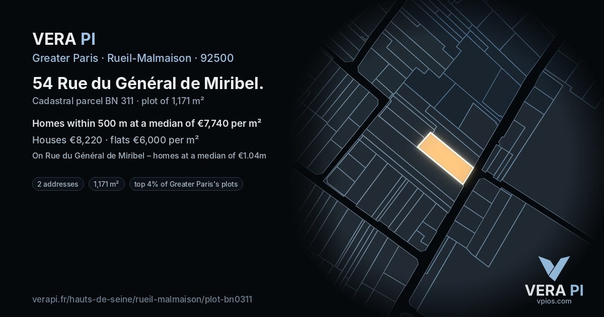 54 Rue du Général de Miribel, Rueil-Malmaison at night – the plot lit, the parcels around coloured by the prices near them