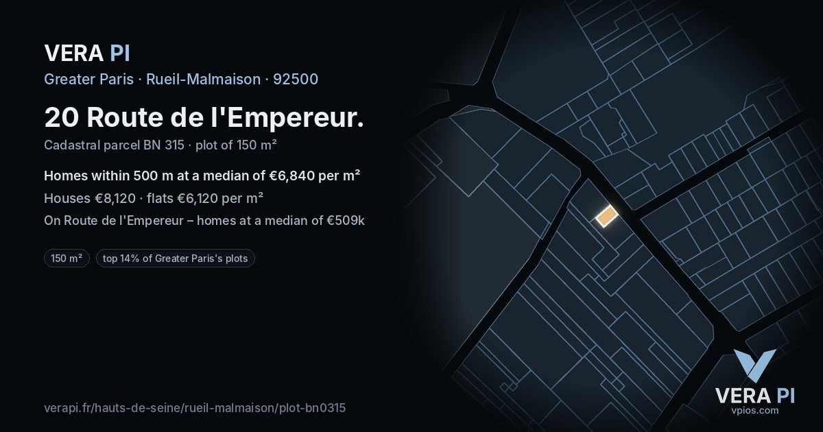 20 Route de l'Empereur, Rueil-Malmaison at night – the plot lit, the parcels around coloured by the prices near them