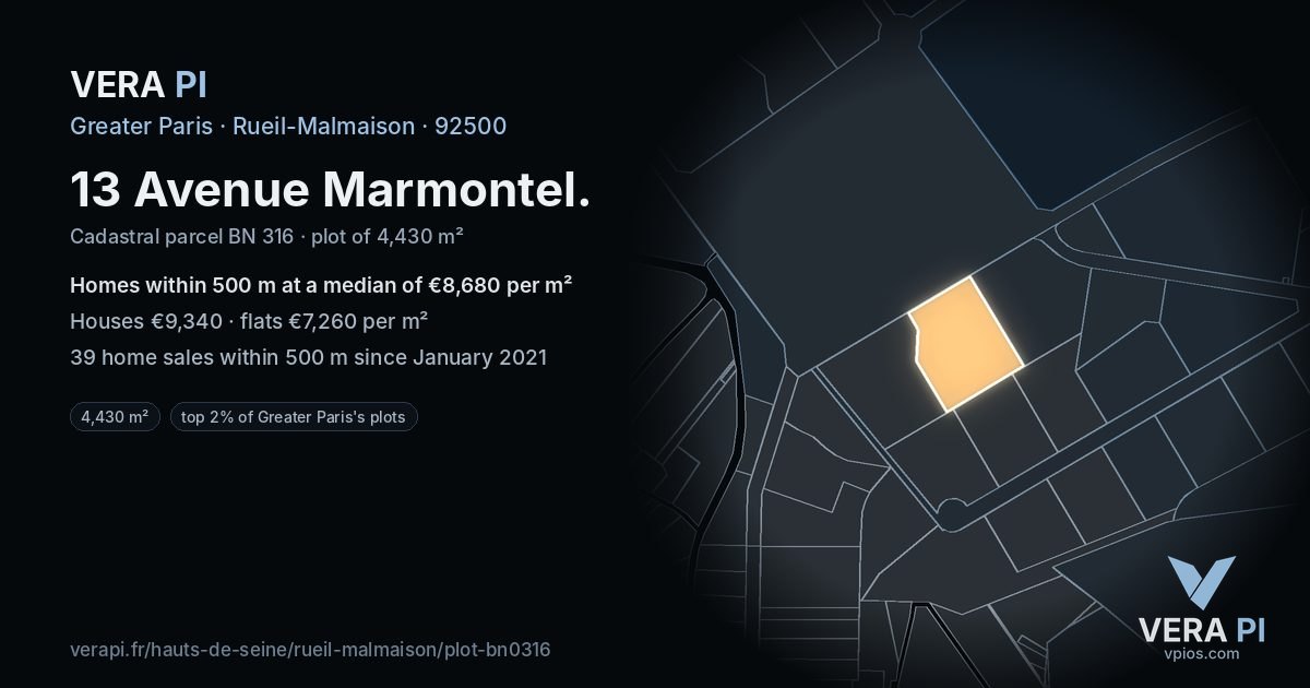 13 Avenue Marmontel, Rueil-Malmaison at night – the plot lit, the parcels around coloured by the prices near them