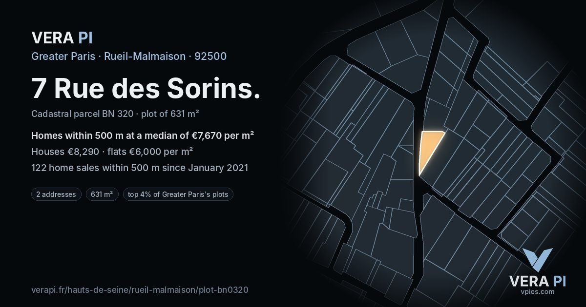 7 Rue des Sorins, Rueil-Malmaison at night – the plot lit, the parcels around coloured by the prices near them