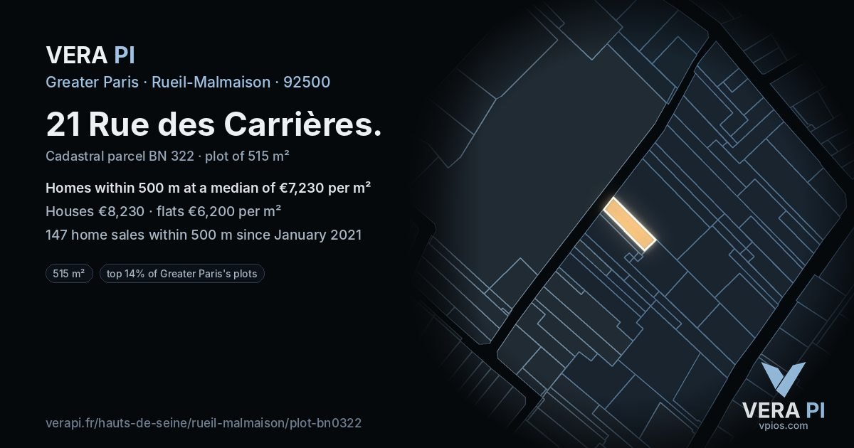 21 Rue des Carrières, Rueil-Malmaison at night – the plot lit, the parcels around coloured by the prices near them