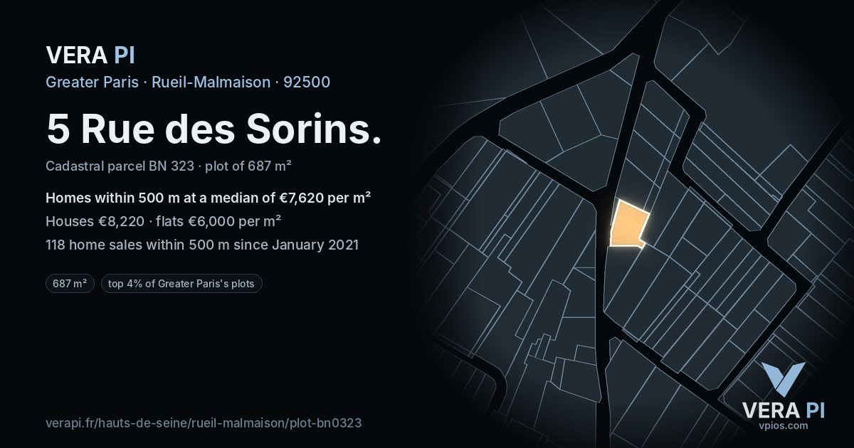 5 Rue des Sorins, Rueil-Malmaison at night – the plot lit, the parcels around coloured by the prices near them