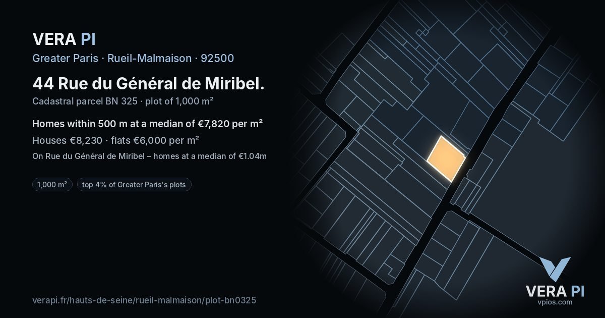 44 Rue du Général de Miribel, Rueil-Malmaison at night – the plot lit, the parcels around coloured by the prices near them
