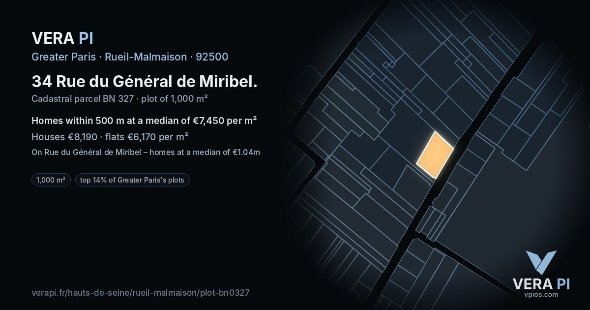 34 Rue du Général de Miribel, Rueil-Malmaison at night – the plot lit, the parcels around coloured by the prices near them