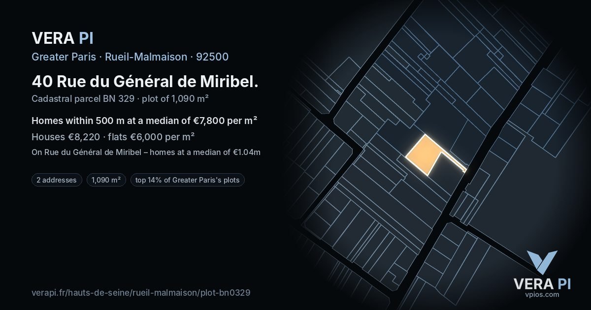 40 Rue du Général de Miribel, Rueil-Malmaison at night – the plot lit, the parcels around coloured by the prices near them