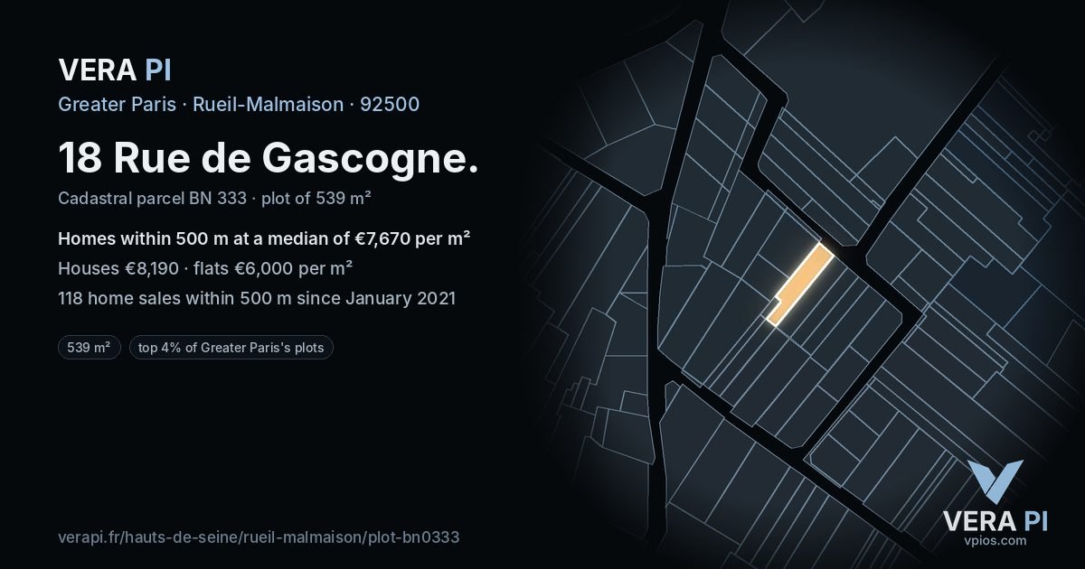 18 Rue de Gascogne, Rueil-Malmaison at night – the plot lit, the parcels around coloured by the prices near them
