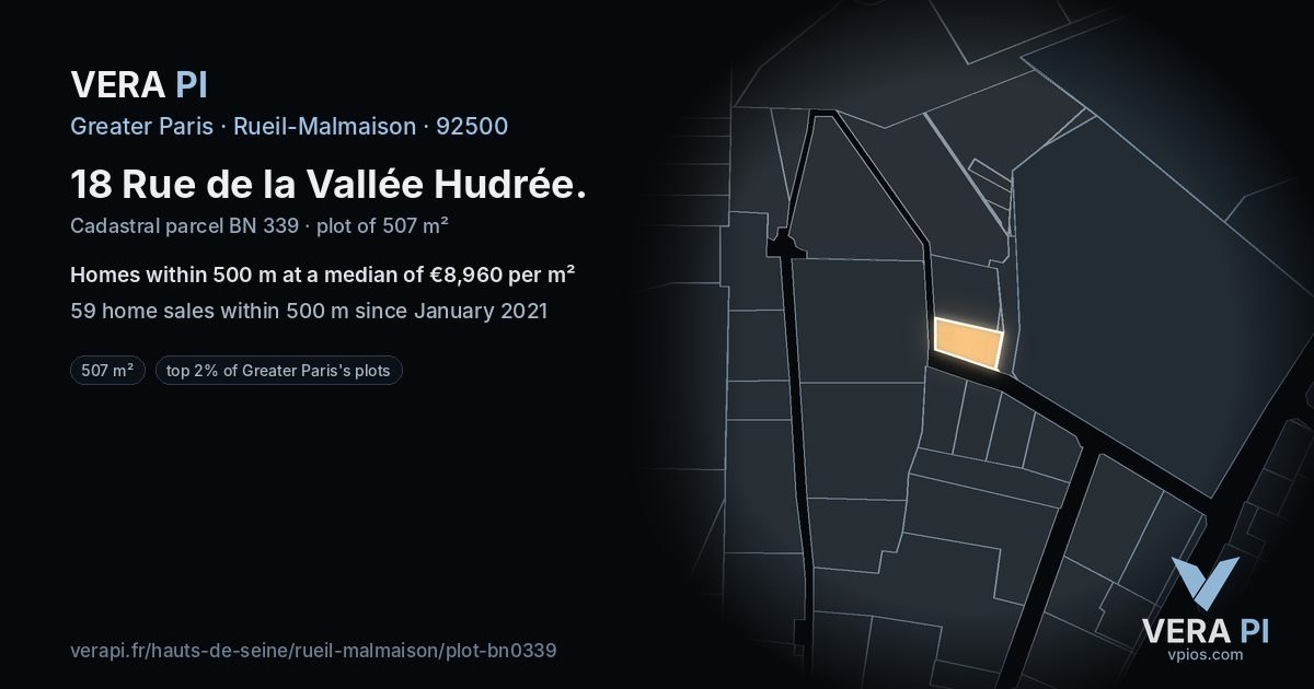 18 Rue de la Vallée Hudrée, Rueil-Malmaison at night – the plot lit, the parcels around coloured by the prices near them
