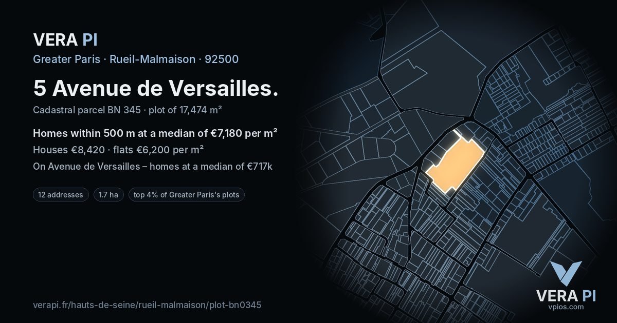 5 Avenue de Versailles, Rueil-Malmaison at night – the plot lit, the parcels around coloured by the prices near them