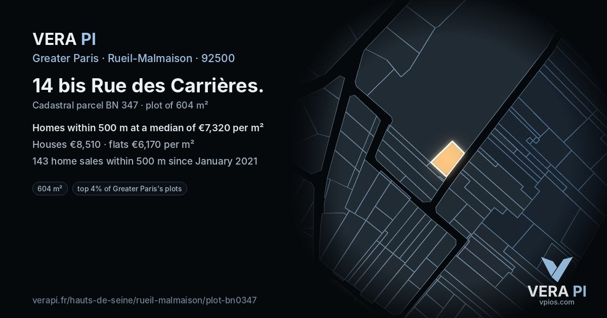 14 bis Rue des Carrières, Rueil-Malmaison at night – the plot lit, the parcels around coloured by the prices near them
