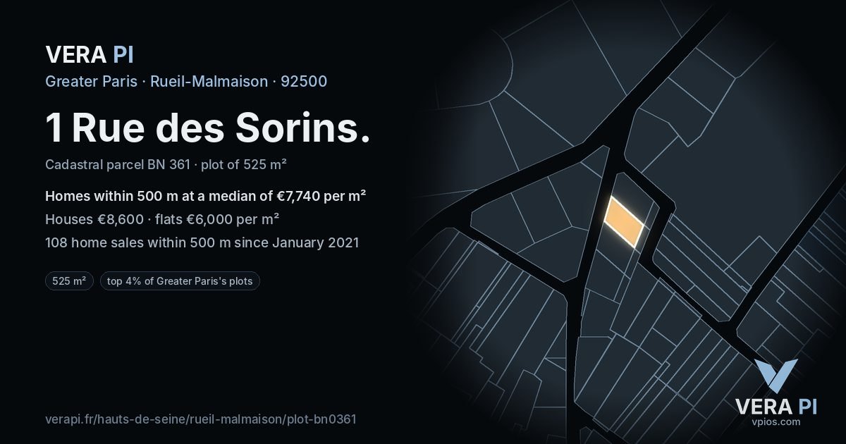 1 Rue des Sorins, Rueil-Malmaison at night – the plot lit, the parcels around coloured by the prices near them