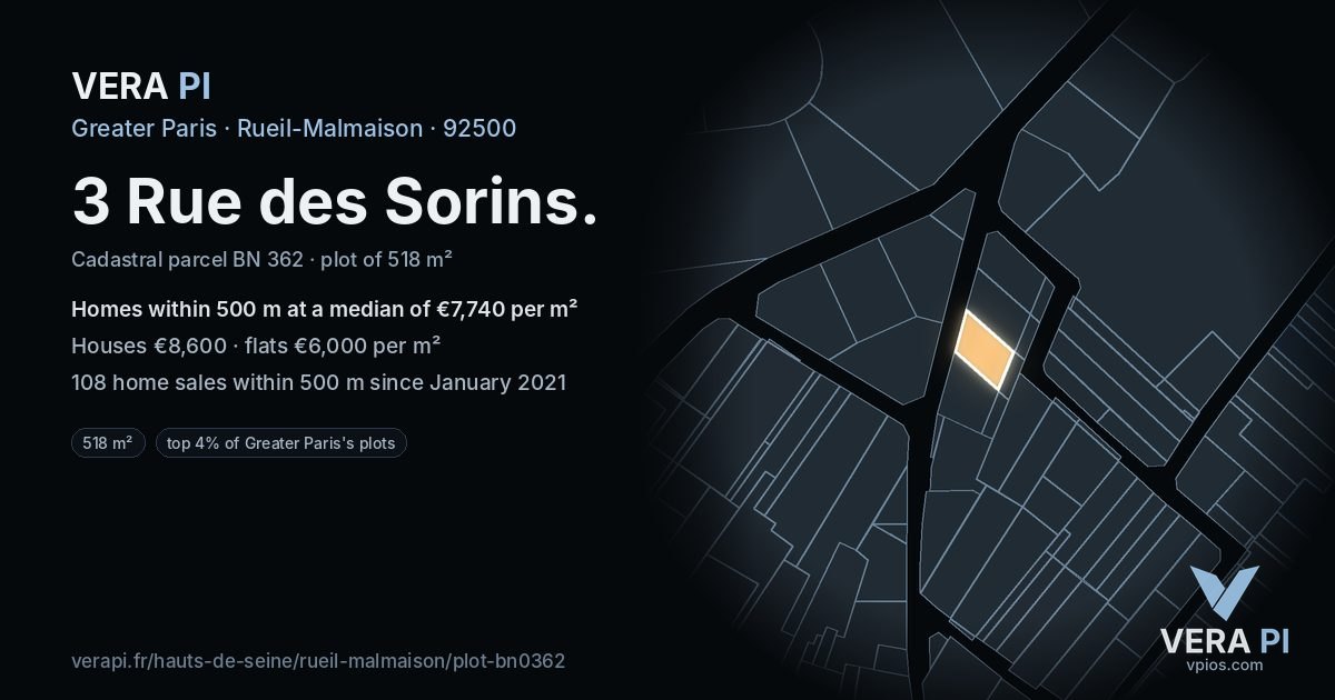 3 Rue des Sorins, Rueil-Malmaison at night – the plot lit, the parcels around coloured by the prices near them