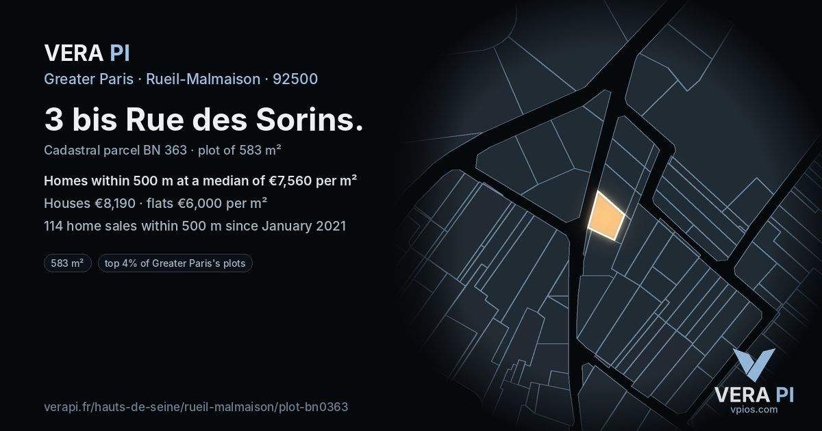 3 bis Rue des Sorins, Rueil-Malmaison at night – the plot lit, the parcels around coloured by the prices near them