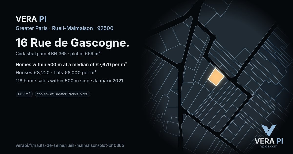16 Rue de Gascogne, Rueil-Malmaison at night – the plot lit, the parcels around coloured by the prices near them