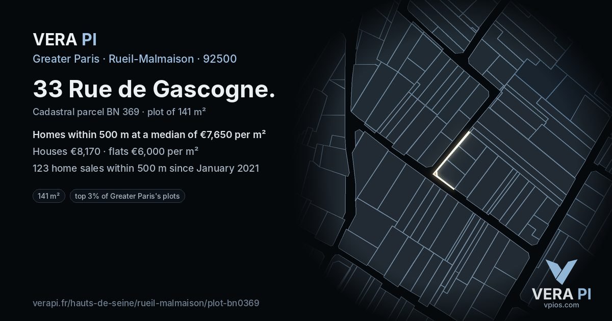 33 Rue de Gascogne, Rueil-Malmaison at night – the plot lit, the parcels around coloured by the prices near them