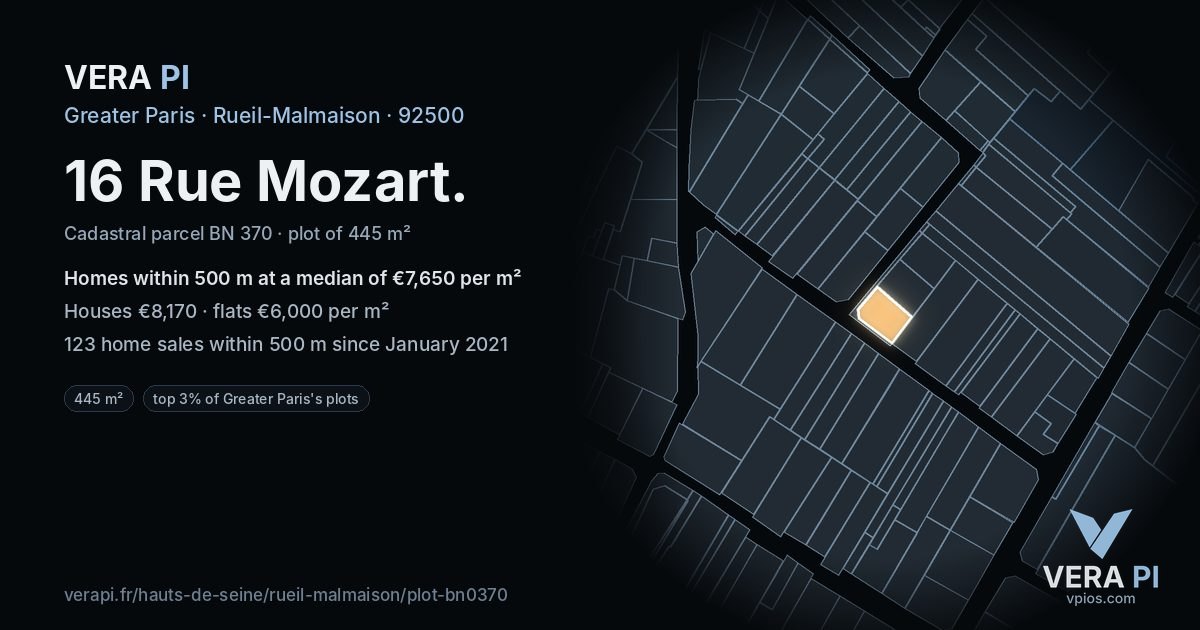 16 Rue Mozart, Rueil-Malmaison at night – the plot lit, the parcels around coloured by the prices near them