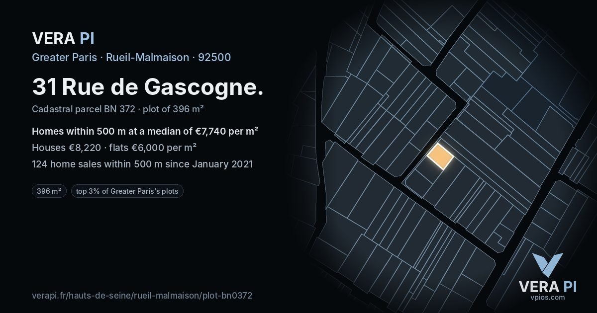 31 Rue de Gascogne, Rueil-Malmaison at night – the plot lit, the parcels around coloured by the prices near them