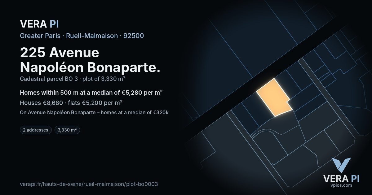 225 Avenue Napoléon Bonaparte, Rueil-Malmaison at night – the plot lit, the parcels around coloured by the prices near them