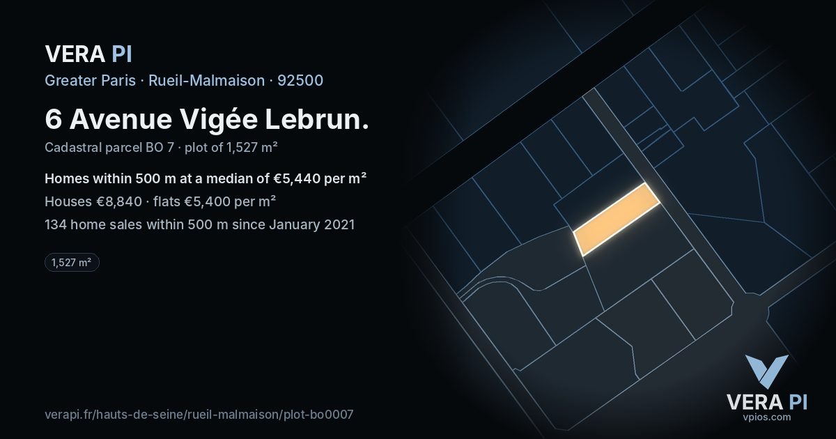 6 Avenue Vigée Lebrun, Rueil-Malmaison at night – the plot lit, the parcels around coloured by the prices near them