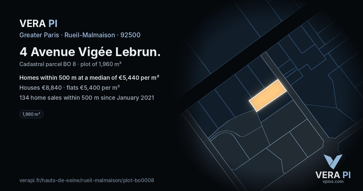 4 Avenue Vigée Lebrun, Rueil-Malmaison at night – the plot lit, the parcels around coloured by the prices near them