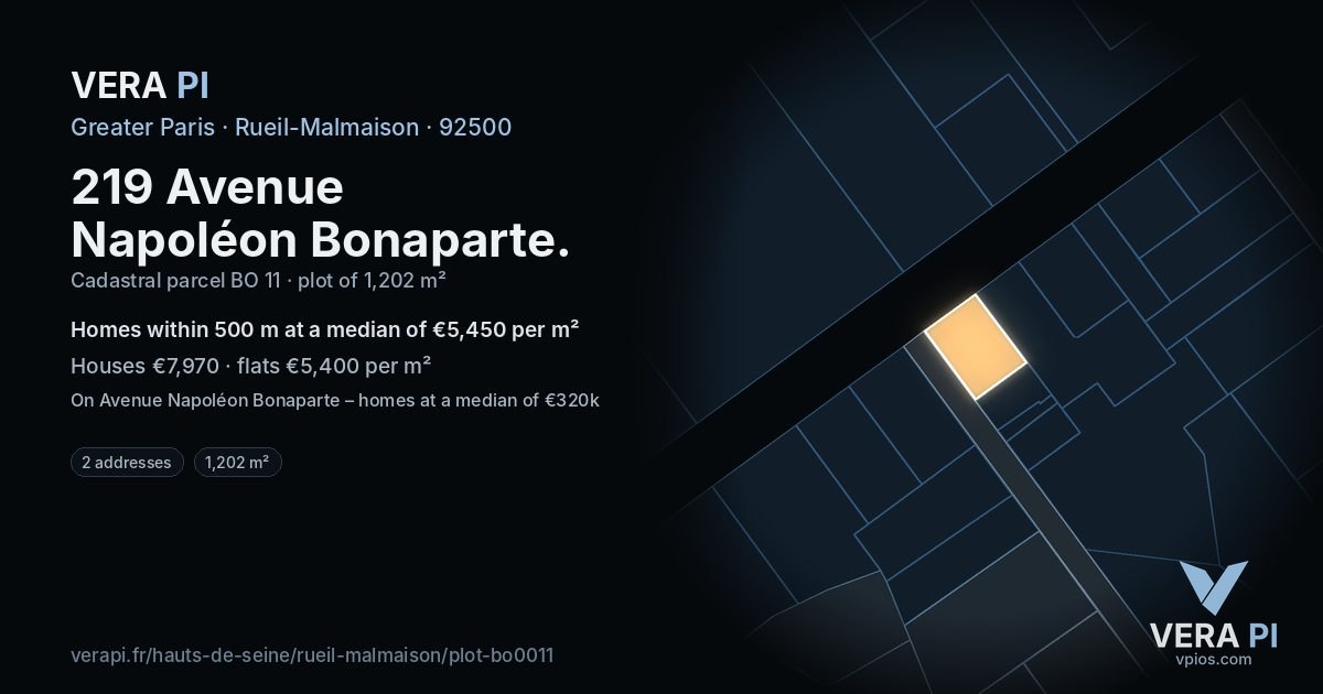 219 Avenue Napoléon Bonaparte, Rueil-Malmaison at night – the plot lit, the parcels around coloured by the prices near them