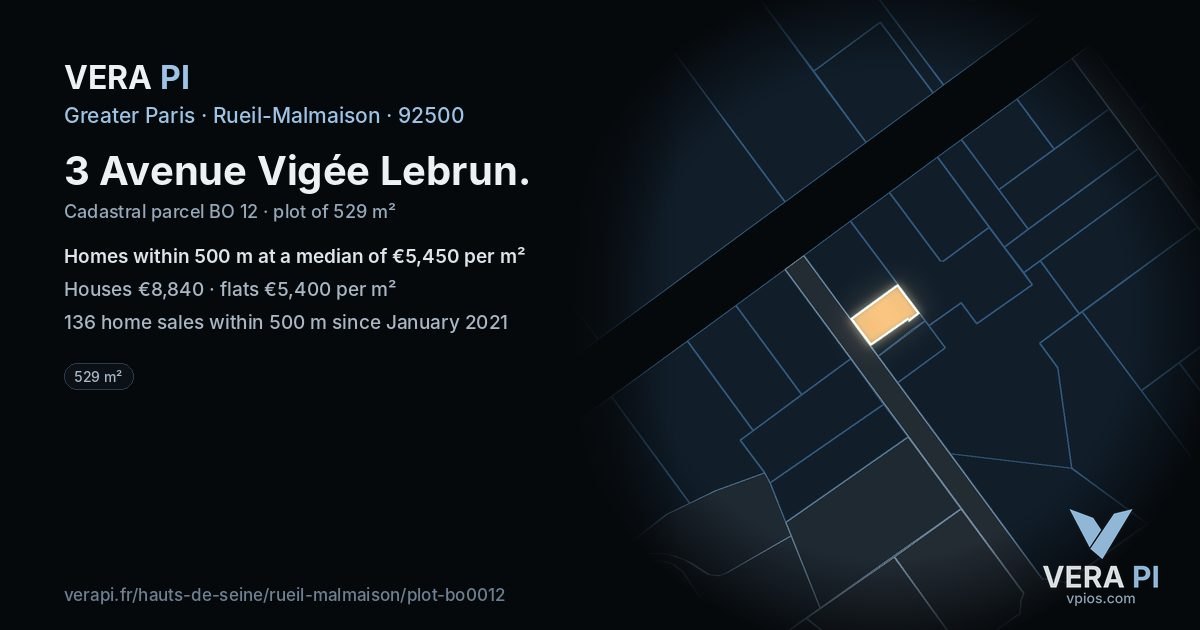3 Avenue Vigée Lebrun, Rueil-Malmaison at night – the plot lit, the parcels around coloured by the prices near them