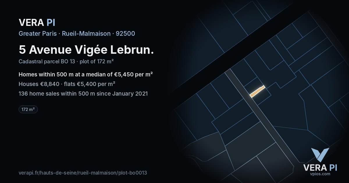 5 Avenue Vigée Lebrun, Rueil-Malmaison at night – the plot lit, the parcels around coloured by the prices near them