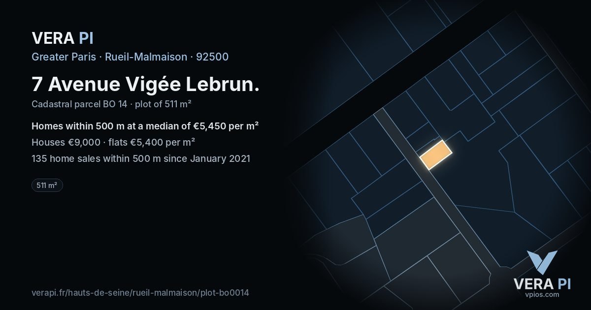 7 Avenue Vigée Lebrun, Rueil-Malmaison at night – the plot lit, the parcels around coloured by the prices near them