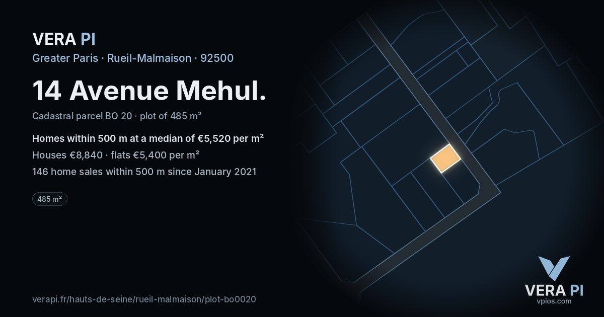 14 Avenue Mehul, Rueil-Malmaison at night – the plot lit, the parcels around coloured by the prices near them