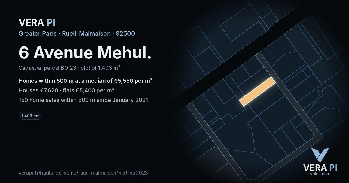 6 Avenue Mehul, Rueil-Malmaison at night – the plot lit, the parcels around coloured by the prices near them