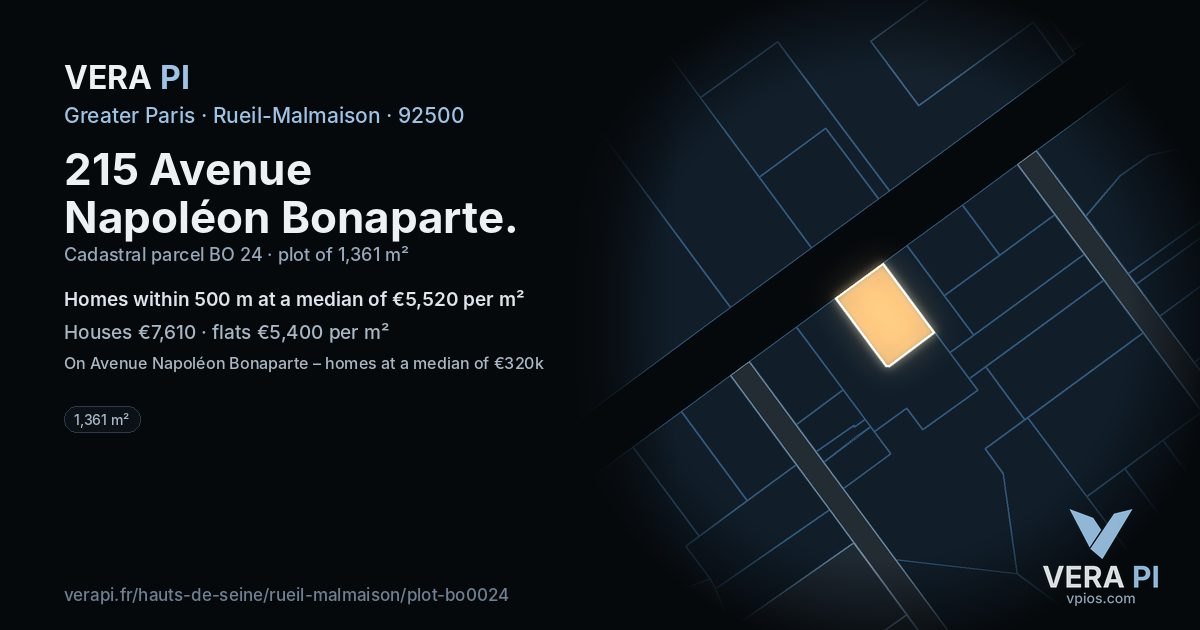 215 Avenue Napoléon Bonaparte, Rueil-Malmaison at night – the plot lit, the parcels around coloured by the prices near them