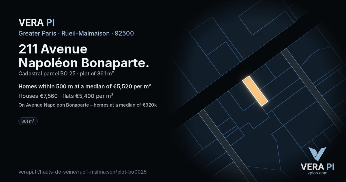211 Avenue Napoléon Bonaparte, Rueil-Malmaison at night – the plot lit, the parcels around coloured by the prices near them