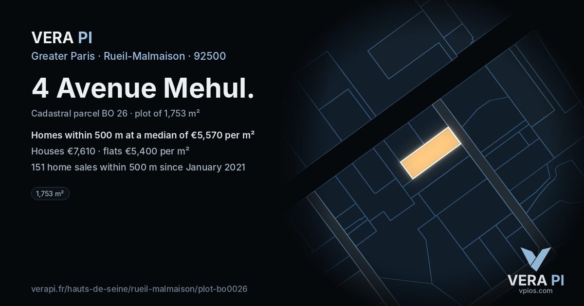 4 Avenue Mehul, Rueil-Malmaison at night – the plot lit, the parcels around coloured by the prices near them