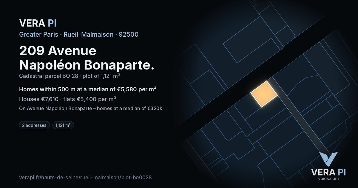 209 Avenue Napoléon Bonaparte, Rueil-Malmaison at night – the plot lit, the parcels around coloured by the prices near them