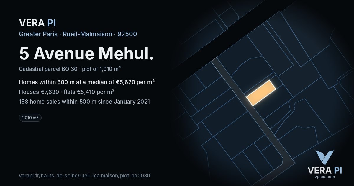 5 Avenue Mehul, Rueil-Malmaison at night – the plot lit, the parcels around coloured by the prices near them