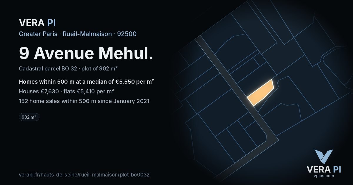 9 Avenue Mehul, Rueil-Malmaison at night – the plot lit, the parcels around coloured by the prices near them